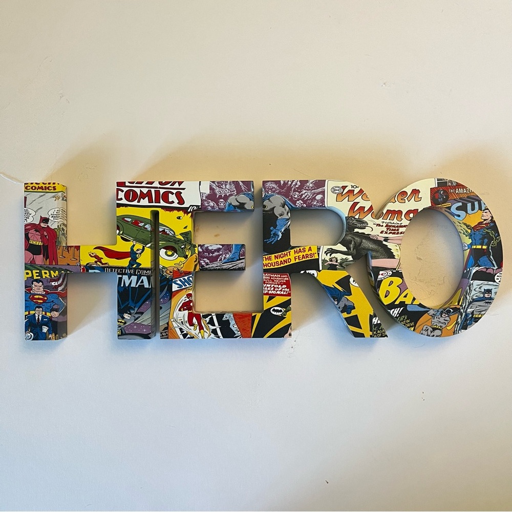 Hobby Lobby HERO DC Comic Book Print Hanging Wall Decor Sign Spell Out Wood